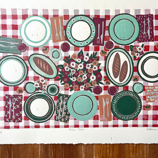 Hand Block Printed "Picnic Table" Reduction Print - Horizontal - No. 23