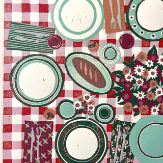 Hand Block Printed "Picnic Table" Reduction Print - Horizontal - No. 23