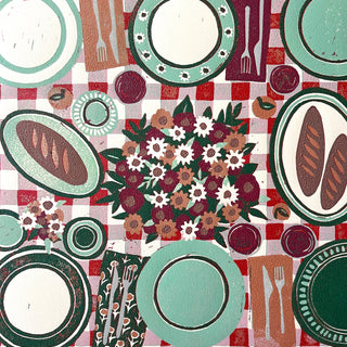 Hand Block Printed "Picnic Table" Reduction Print - Horizontal - No. 23