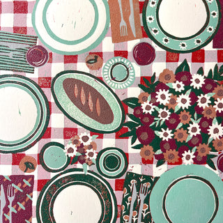 Hand Block Printed "Picnic Table" Reduction Print - Horizontal - No. 23