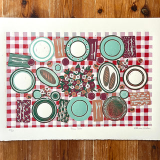 Hand Block Printed "Picnic Table" Reduction Print - Horizontal - No. 24