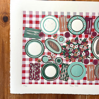 Hand Block Printed "Picnic Table" Reduction Print - Horizontal - No. 24