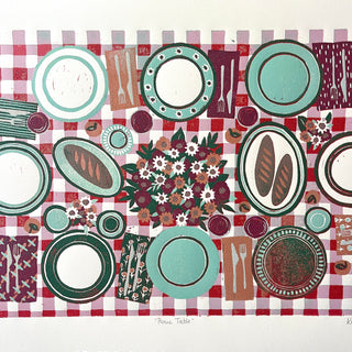 Hand Block Printed "Picnic Table" Reduction Print - Horizontal - No. 24