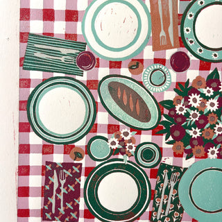 Hand Block Printed "Picnic Table" Reduction Print - Horizontal - No. 24
