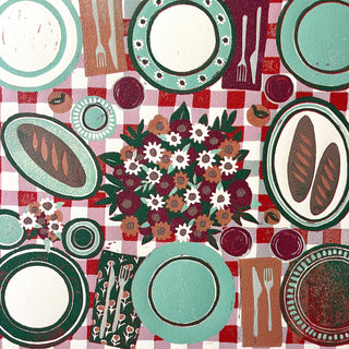 Hand Block Printed "Picnic Table" Reduction Print - Horizontal - No. 24