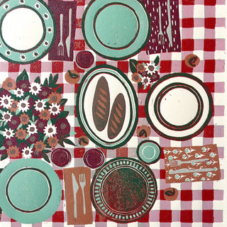 Hand Block Printed "Picnic Table" Reduction Print - Horizontal - No. 24