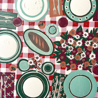 Hand Block Printed "Picnic Table" Reduction Print - Horizontal - No. 24
