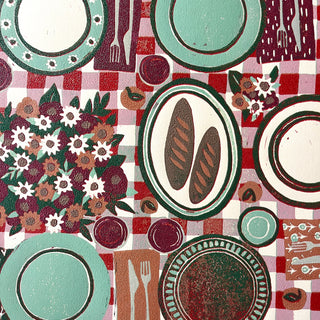 Hand Block Printed "Picnic Table" Reduction Print - Horizontal - No. 24