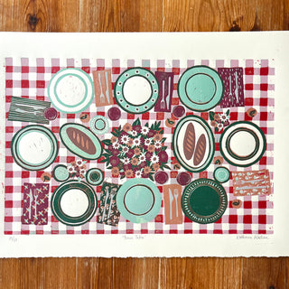 Hand Block Printed "Picnic Table" Reduction Print - Horizontal - No. 25