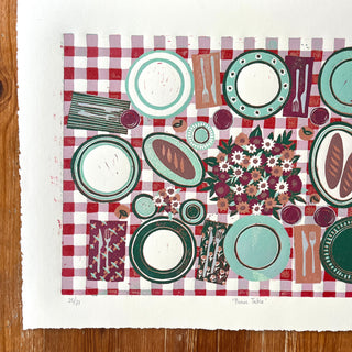 Hand Block Printed "Picnic Table" Reduction Print - Horizontal - No. 25