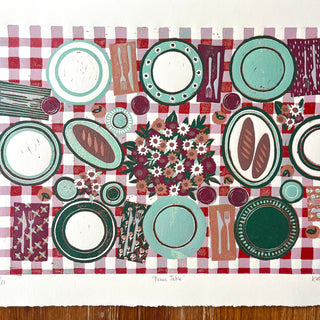 Hand Block Printed "Picnic Table" Reduction Print - Horizontal - No. 25