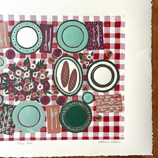 Hand Block Printed "Picnic Table" Reduction Print - Horizontal - No. 25