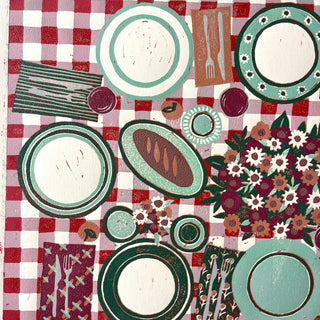 Hand Block Printed "Picnic Table" Reduction Print - Horizontal - No. 25