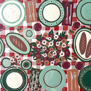 Hand Block Printed "Picnic Table" Reduction Print - Horizontal - No. 25