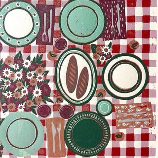 Hand Block Printed "Picnic Table" Reduction Print - Horizontal - No. 25