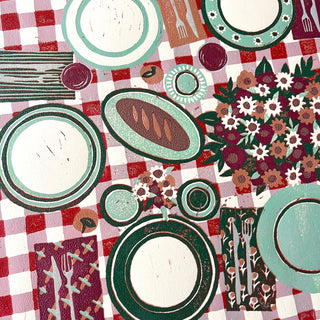 Hand Block Printed "Picnic Table" Reduction Print - Horizontal - No. 25