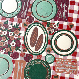 Hand Block Printed "Picnic Table" Reduction Print - Horizontal - No. 25