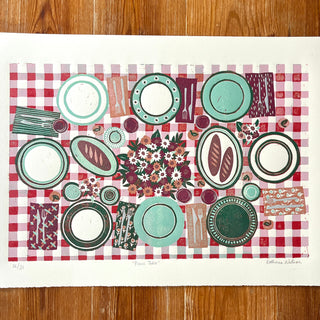Hand Block Printed "Picnic Table" Reduction Print - Horizontal - No. 26