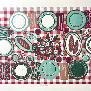 Hand Block Printed "Picnic Table" Reduction Print - Horizontal - No. 26