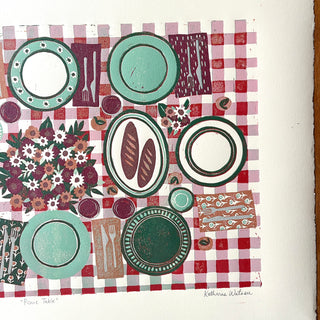 Hand Block Printed "Picnic Table" Reduction Print - Horizontal - No. 26