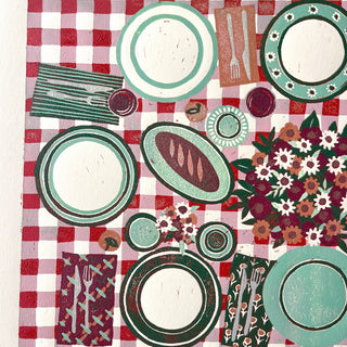 Hand Block Printed "Picnic Table" Reduction Print - Horizontal - No. 26