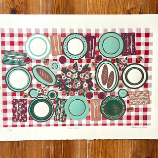 Hand Block Printed "Picnic Table" Reduction Print - Horizontal - No. 27