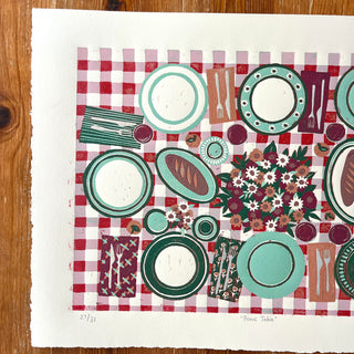 Hand Block Printed "Picnic Table" Reduction Print - Horizontal - No. 27