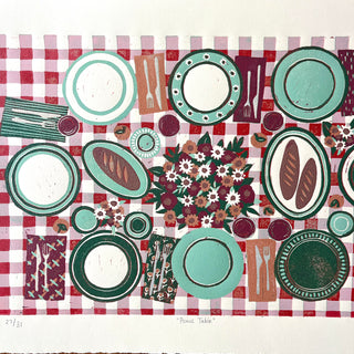 Hand Block Printed "Picnic Table" Reduction Print - Horizontal - No. 27