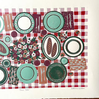 Hand Block Printed "Picnic Table" Reduction Print - Horizontal - No. 27
