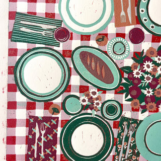 Hand Block Printed "Picnic Table" Reduction Print - Horizontal - No. 27