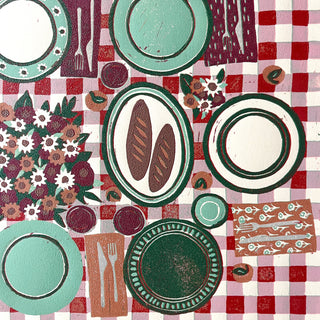 Hand Block Printed "Picnic Table" Reduction Print - Horizontal - No. 27