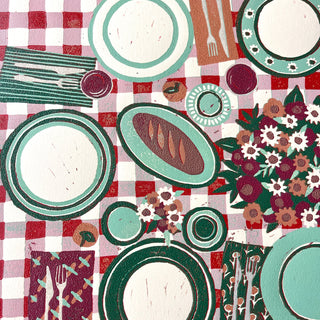 Hand Block Printed "Picnic Table" Reduction Print - Horizontal - No. 27