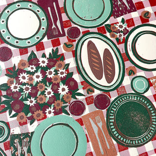 Hand Block Printed "Picnic Table" Reduction Print - Horizontal - No. 27