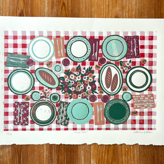 Hand Block Printed "Picnic Table" Reduction Print - Horizontal - No. 28