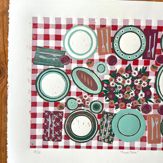 Hand Block Printed "Picnic Table" Reduction Print - Horizontal - No. 28