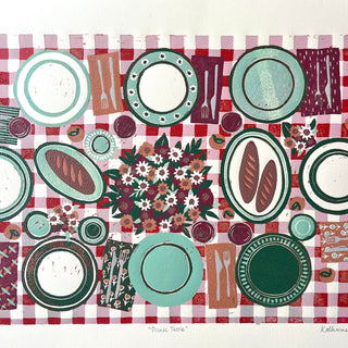 Hand Block Printed "Picnic Table" Reduction Print - Horizontal - No. 28