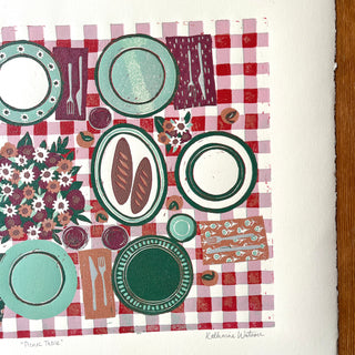 Hand Block Printed "Picnic Table" Reduction Print - Horizontal - No. 28