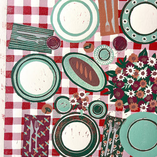 Hand Block Printed "Picnic Table" Reduction Print - Horizontal - No. 28