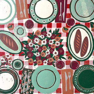 Hand Block Printed "Picnic Table" Reduction Print - Horizontal - No. 28