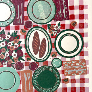 Hand Block Printed "Picnic Table" Reduction Print - Horizontal - No. 28