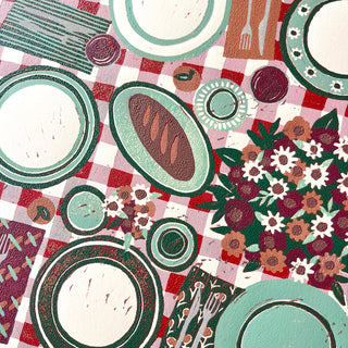 Hand Block Printed "Picnic Table" Reduction Print - Horizontal - No. 28