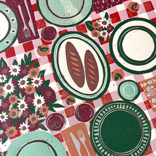 Hand Block Printed "Picnic Table" Reduction Print - Horizontal - No. 28