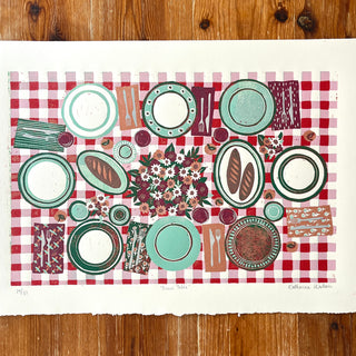 Hand Block Printed "Picnic Table" Reduction Print - Horizontal - No. 29