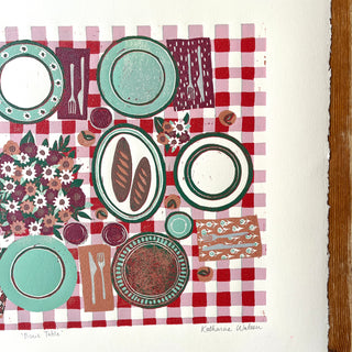 Hand Block Printed "Picnic Table" Reduction Print - Horizontal - No. 29