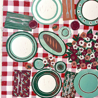 Hand Block Printed "Picnic Table" Reduction Print - Horizontal - No. 29