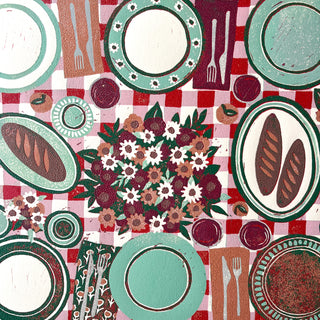 Hand Block Printed "Picnic Table" Reduction Print - Horizontal - No. 29