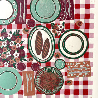 Hand Block Printed "Picnic Table" Reduction Print - Horizontal - No. 29