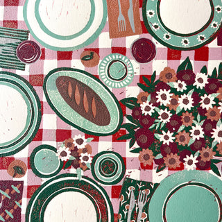 Hand Block Printed "Picnic Table" Reduction Print - Horizontal - No. 29