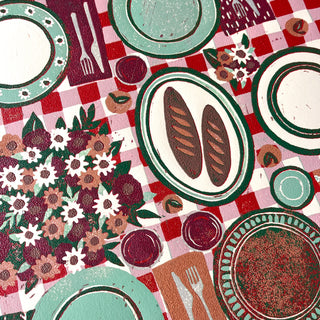 Hand Block Printed "Picnic Table" Reduction Print - Horizontal - No. 29