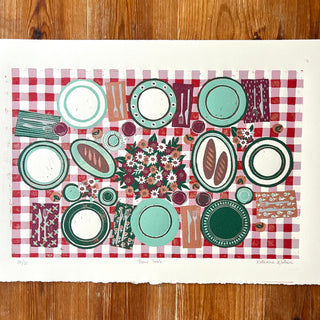 Hand Block Printed "Picnic Table" Reduction Print - Horizontal - No. 30